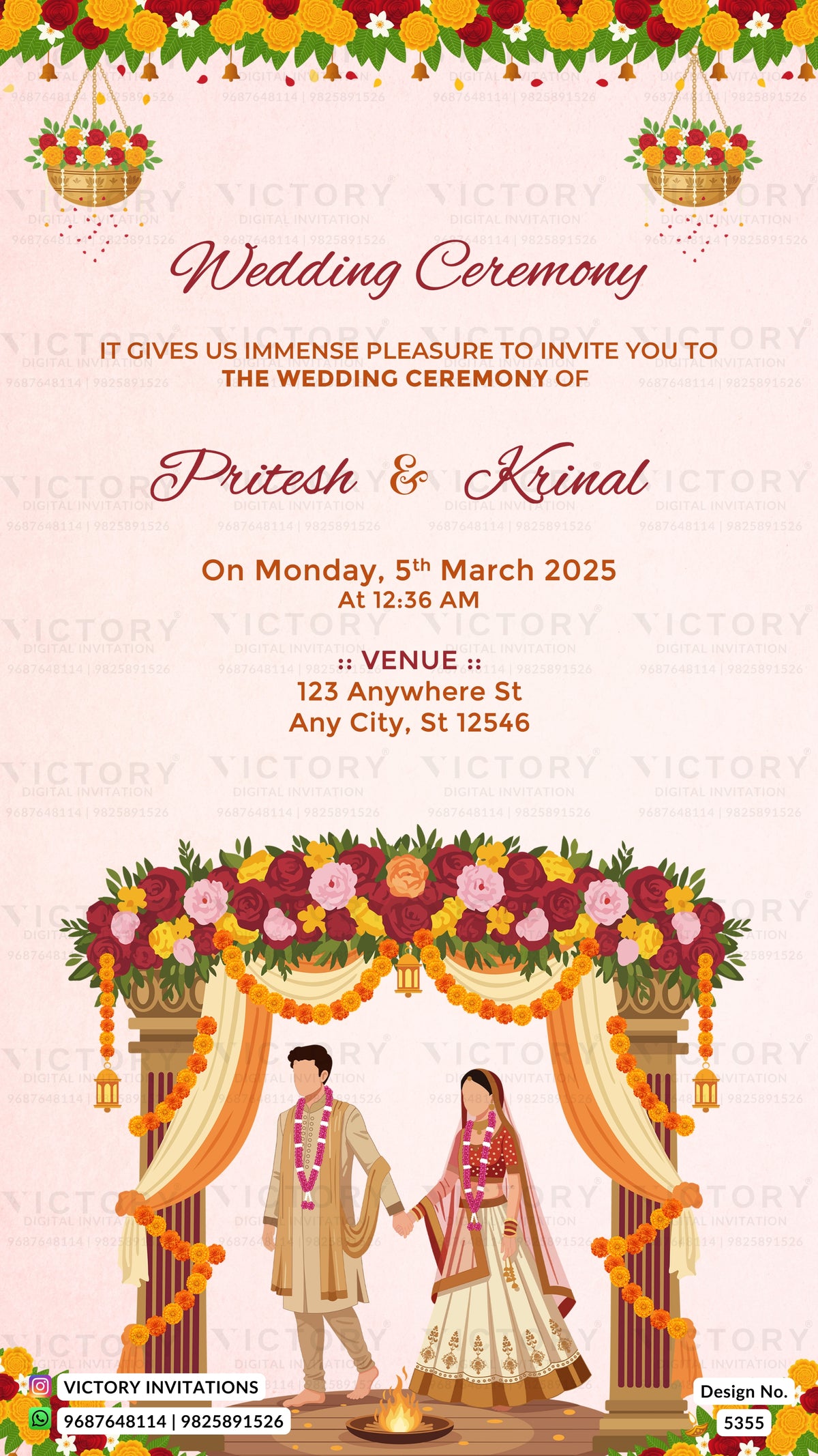 A digital Indian wedding invitation card design featuring a traditional floral arch, a couple in traditional wedding attire, and elegant text on a warm cream background with decorative borders.