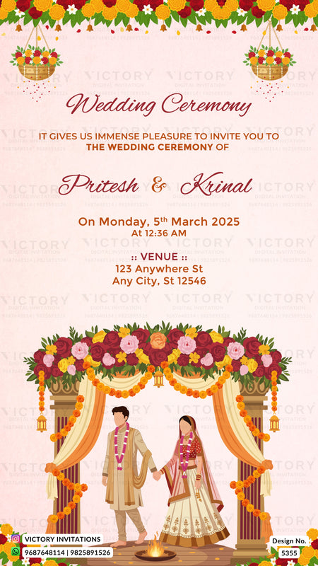 A digital Indian wedding invitation card design featuring a traditional floral arch, a couple in traditional wedding attire, and elegant text on a warm cream background with decorative borders.