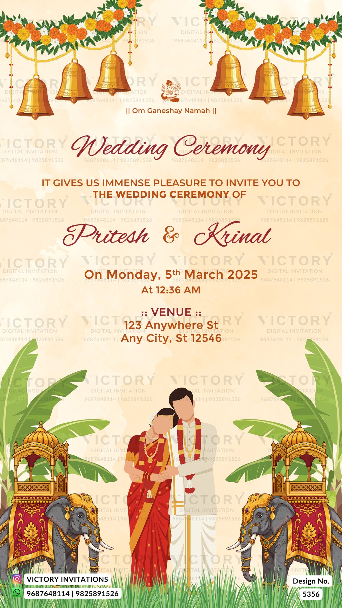 A wedding invitation card design with a warm cream background, featuring hanging gold bells, floral garlands, elephants, and a couple in traditional Indian attire. The text reads 'Wedding Ceremony' and includes names, date, time, and venue details.