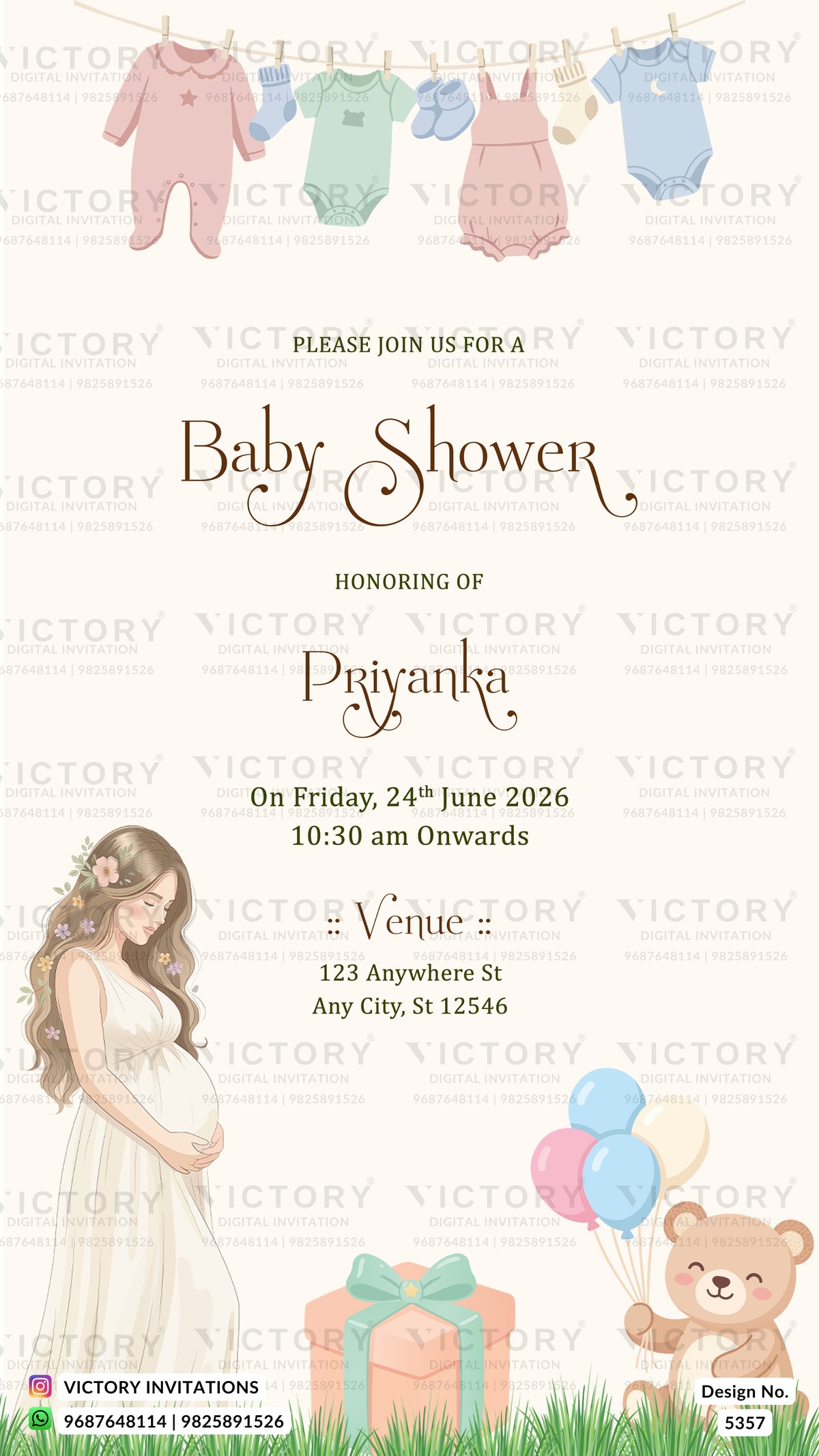 A baby shower invitation card featuring a cream background with watermarks. The top has a hanging clothesline with pastel baby outfits, and the bottom includes an illustration of a pregnant woman in a white dress, a teddy bear holding balloons, a gift box, and grass.