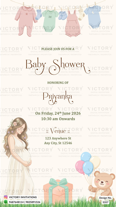 A baby shower invitation card featuring a cream background with watermarks. The top has a hanging clothesline with pastel baby outfits, and the bottom includes an illustration of a pregnant woman in a white dress, a teddy bear holding balloons, a gift box, and grass.