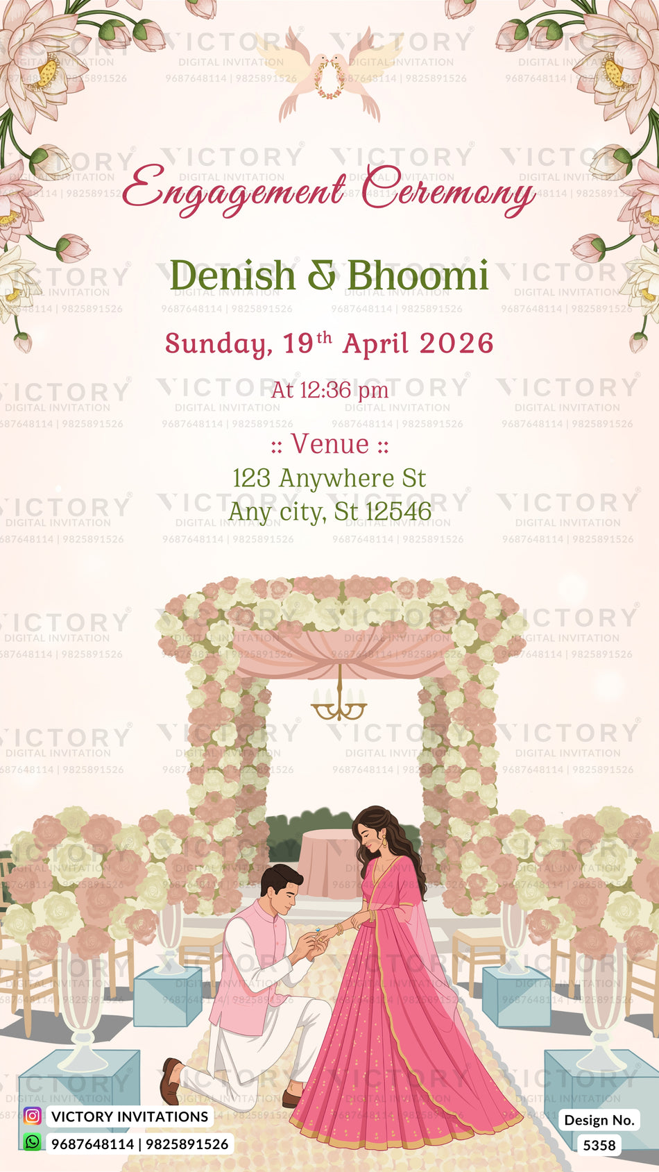 Engagement ceremony invitation card featuring a floral arch illustration and a couple in traditional attire, with event details for Denish & Bhoomi on Sunday, 19th April 2026.