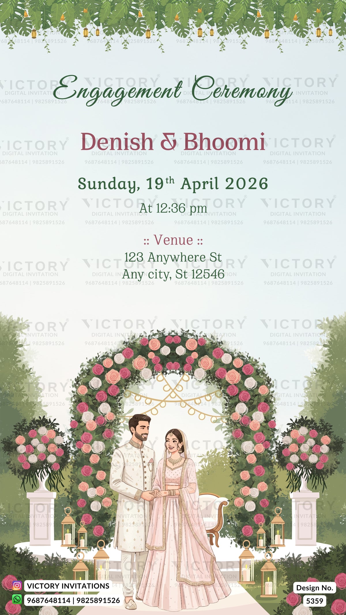 Engagement ceremony invitation card featuring a floral arch illustration with a couple under a pink and white rose canopy, with event details printed above on a pale background. The card includes the Victory Invitations branding and design number 8359.