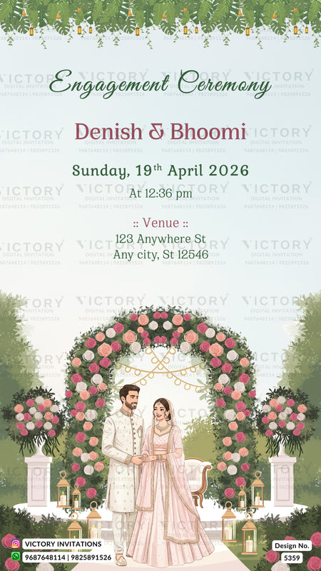 Engagement ceremony invitation card featuring a floral arch illustration with a couple under a pink and white rose canopy, with event details printed above on a pale background. The card includes the Victory Invitations branding and design number 8359.