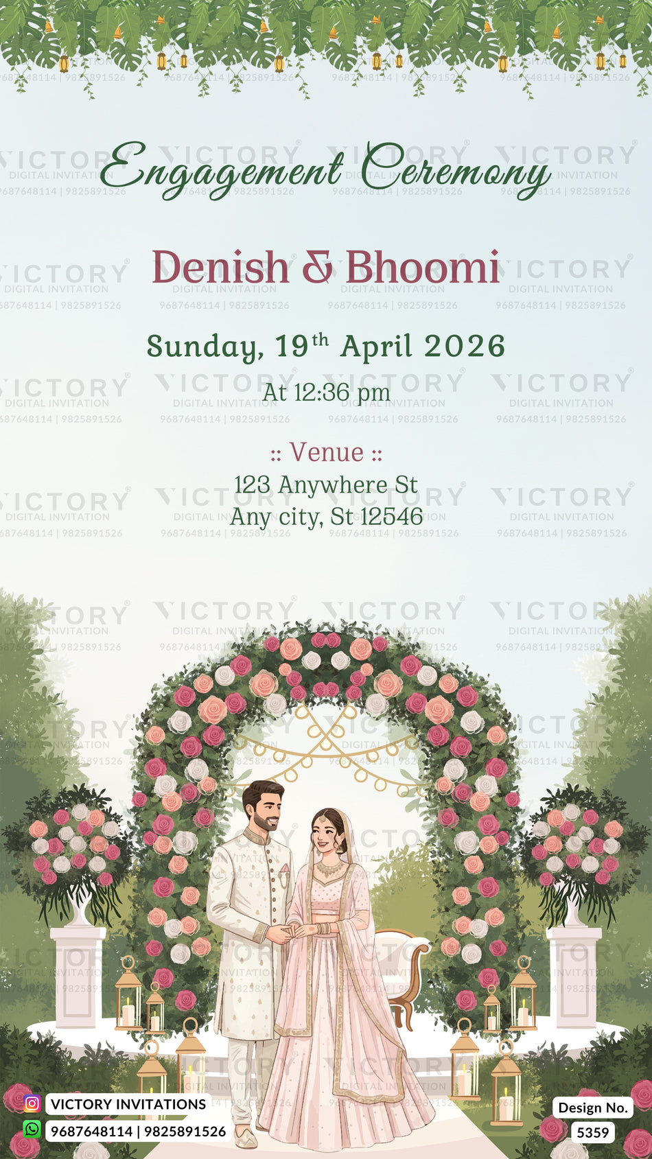 Engagement ceremony invitation card featuring a floral arch illustration with a couple under a pink and white rose canopy, with event details printed above on a pale background. The card includes the Victory Invitations branding and design number 8359.