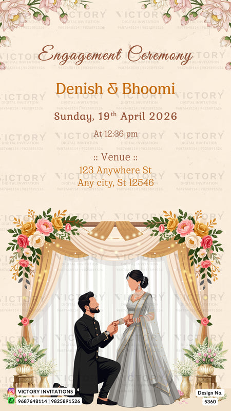 Engagement ceremony invitation card featuring a floral and decorative arch illustration with a couple in formal attire, with event details printed above on a cream background. The design includes the brand name Victory Invitations.