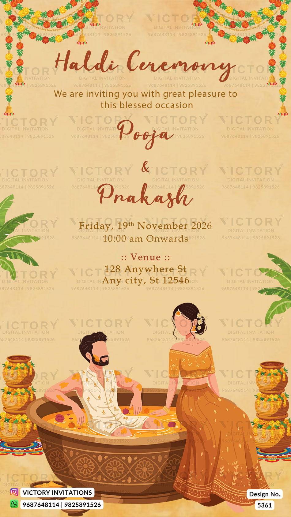 A digital invitation card for a Haldi Ceremony, featuring a warm beige background with traditional Indian festive decorations, elegant script text, and a colorful vector illustration of a man and woman sitting in a decorated tub with mustard pots.