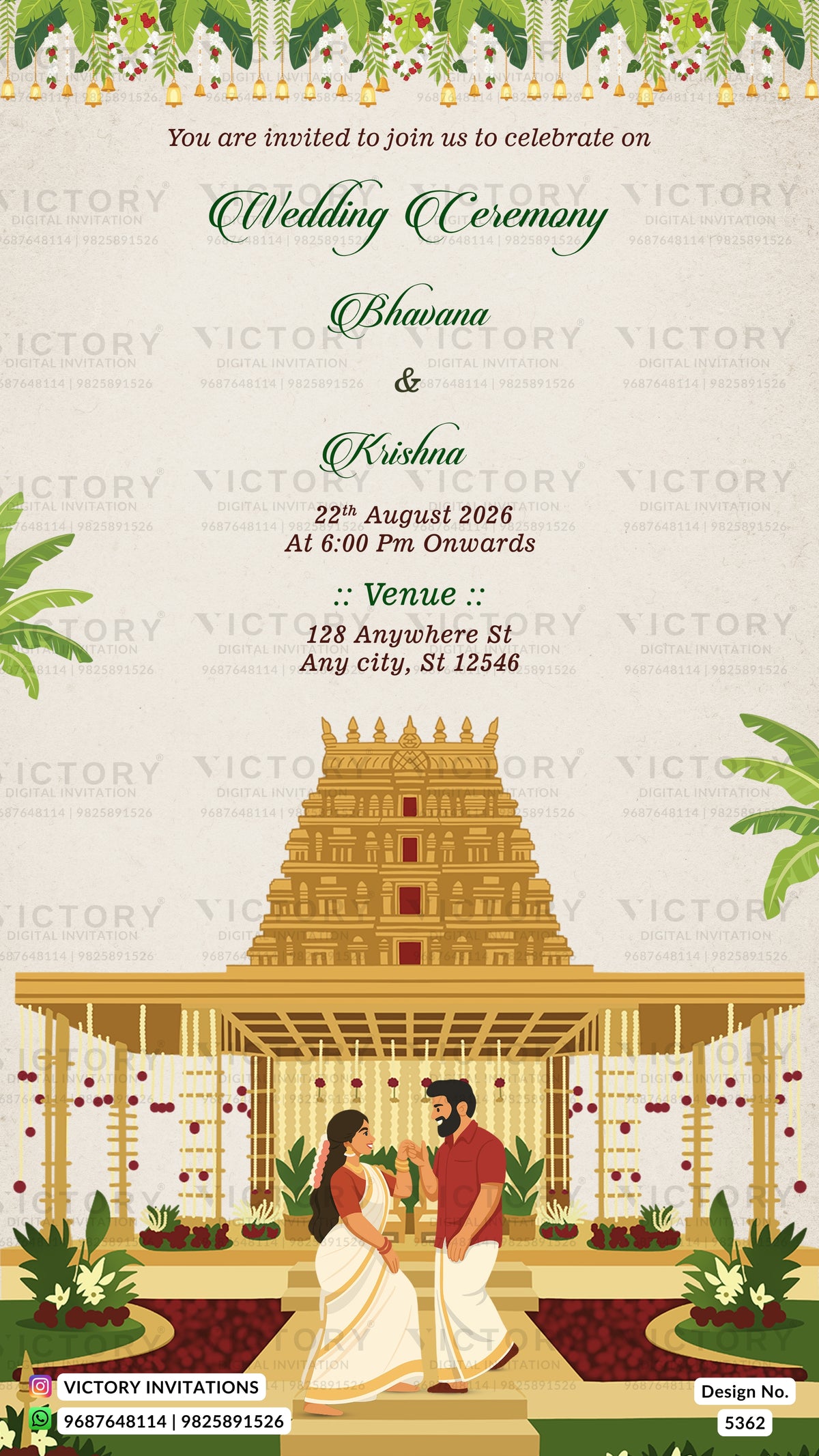 A digital preview of a wedding invitation card featuring a traditional Indian temple illustration and a couple under a decorated canopy. The text reads 'You are invited to join us to celebrate on Wedding Ceremony Bhavana & Krishna 22nd August 2026 At 6:00 PM Onwards :: Venue :: 128 Anywhere St Any city, ST 12546'.