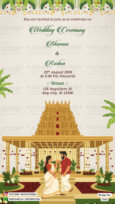 A digital preview of a wedding invitation card featuring a traditional Indian temple illustration and a couple under a decorated canopy. The text reads 'You are invited to join us to celebrate on Wedding Ceremony Bhavana & Krishna 22nd August 2026 At 6:00 PM Onwards :: Venue :: 128 Anywhere St Any city, ST 12546'.