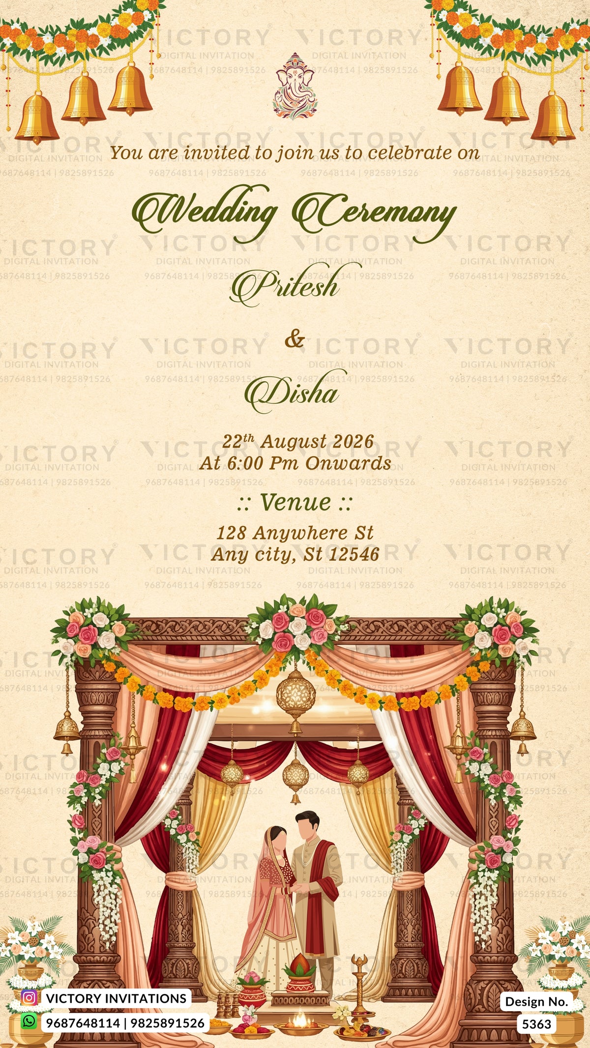 A digital wedding invitation card template featuring a traditional Indian wedding theme. The design has a warm beige background with elegant green and gold text, decorative hanging bells, floral garlands, and an illustration of a couple under a decorated wedding arch (mandap) with red and gold drapery.