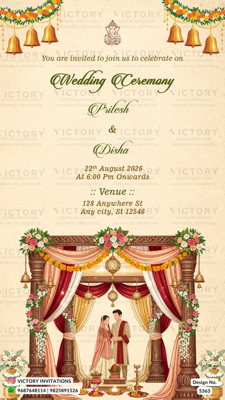 A digital wedding invitation card template featuring a traditional Indian wedding theme. The design has a warm beige background with elegant green and gold text, decorative hanging bells, floral garlands, and an illustration of a couple under a decorated wedding arch (mandap) with red and gold drapery.