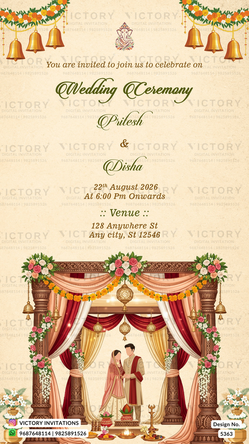 A digital wedding invitation card template featuring a traditional Indian wedding theme. The design has a warm beige background with elegant green and gold text, decorative hanging bells, floral garlands, and an illustration of a couple under a decorated wedding arch (mandap) with red and gold drapery.