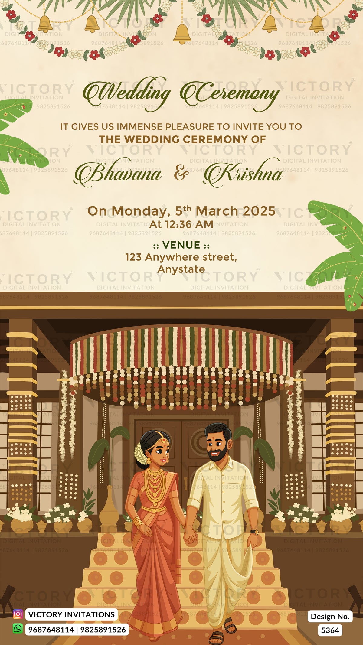 A wedding invitation card design featuring a traditional Indian wedding ceremony theme. The top half has elegant green and gold text reading 'Wedding Ceremony' and details for Bhavana & Krishna, with a decorative garland and banana leaf motif.