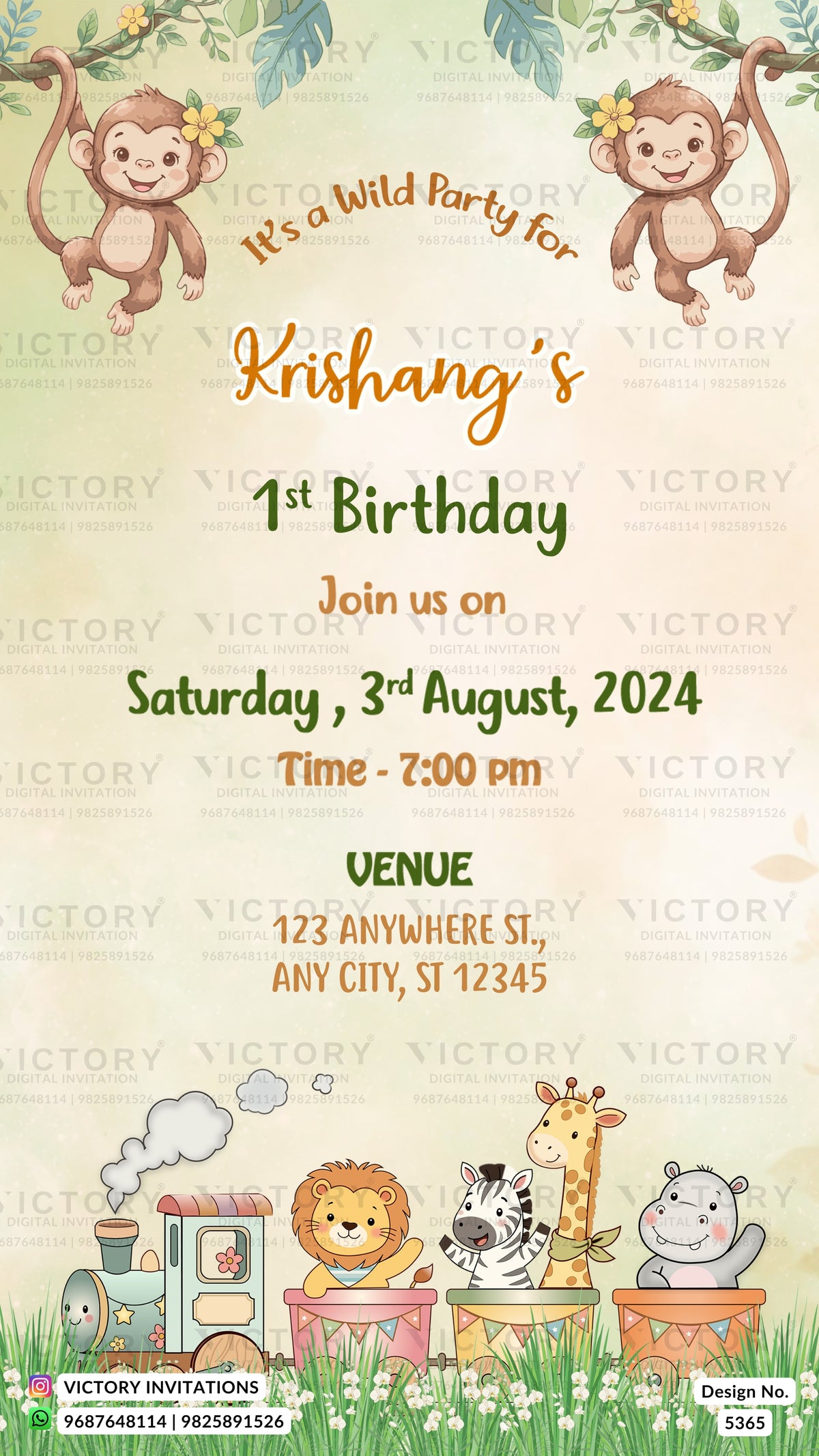 A children's first birthday invitation card with a jungle safari theme. The design features cartoon monkeys at the top, central text reading 'It's a Wild Party for Krishang's 1st Birthday' on a light cream background, and cartoon animals in a train at the bottom.