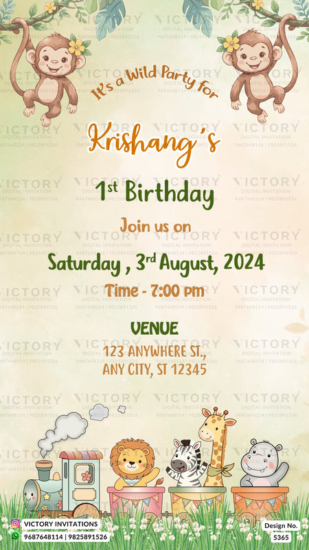 A children's first birthday invitation card with a jungle safari theme. The design features cartoon monkeys at the top, central text reading 'It's a Wild Party for Krishang's 1st Birthday' on a light cream background, and cartoon animals in a train at the bottom.