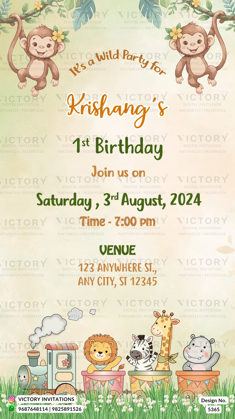 A children's first birthday invitation card with a jungle safari theme. The design features cartoon monkeys at the top, central text reading 'It's a Wild Party for Krishang's 1st Birthday' on a light cream background, and cartoon animals in a train at the bottom.