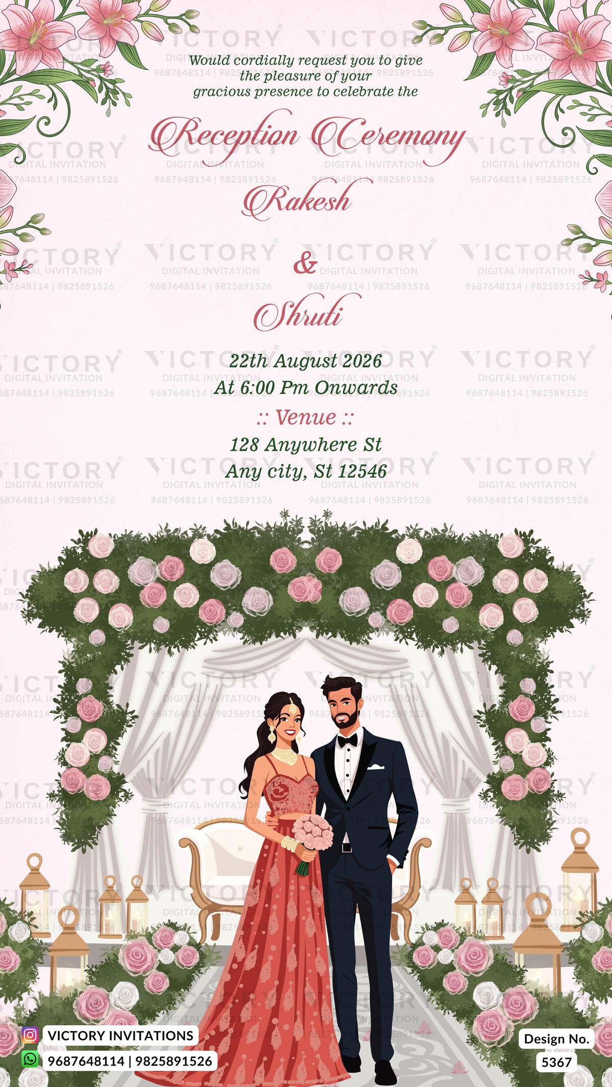 A wedding reception invitation card featuring a floral arch illustration with a bride and groom standing underneath. The top portion contains event text including the names Rakesh and Shruti, date, time, and venue, with pink flowers and green leaves framing the design.