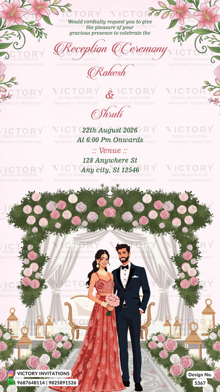 A wedding reception invitation card featuring a floral arch illustration with a bride and groom standing underneath. The top portion contains event text including the names Rakesh and Shruti, date, time, and venue, with pink flowers and green leaves framing the design.