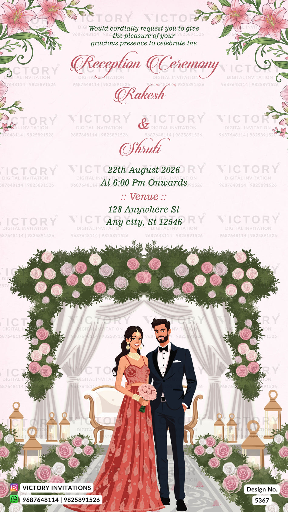 A wedding reception invitation card featuring a floral arch illustration with a bride and groom standing underneath. The top portion contains event text including the names Rakesh and Shruti, date, time, and venue, with pink flowers and green leaves framing the design.