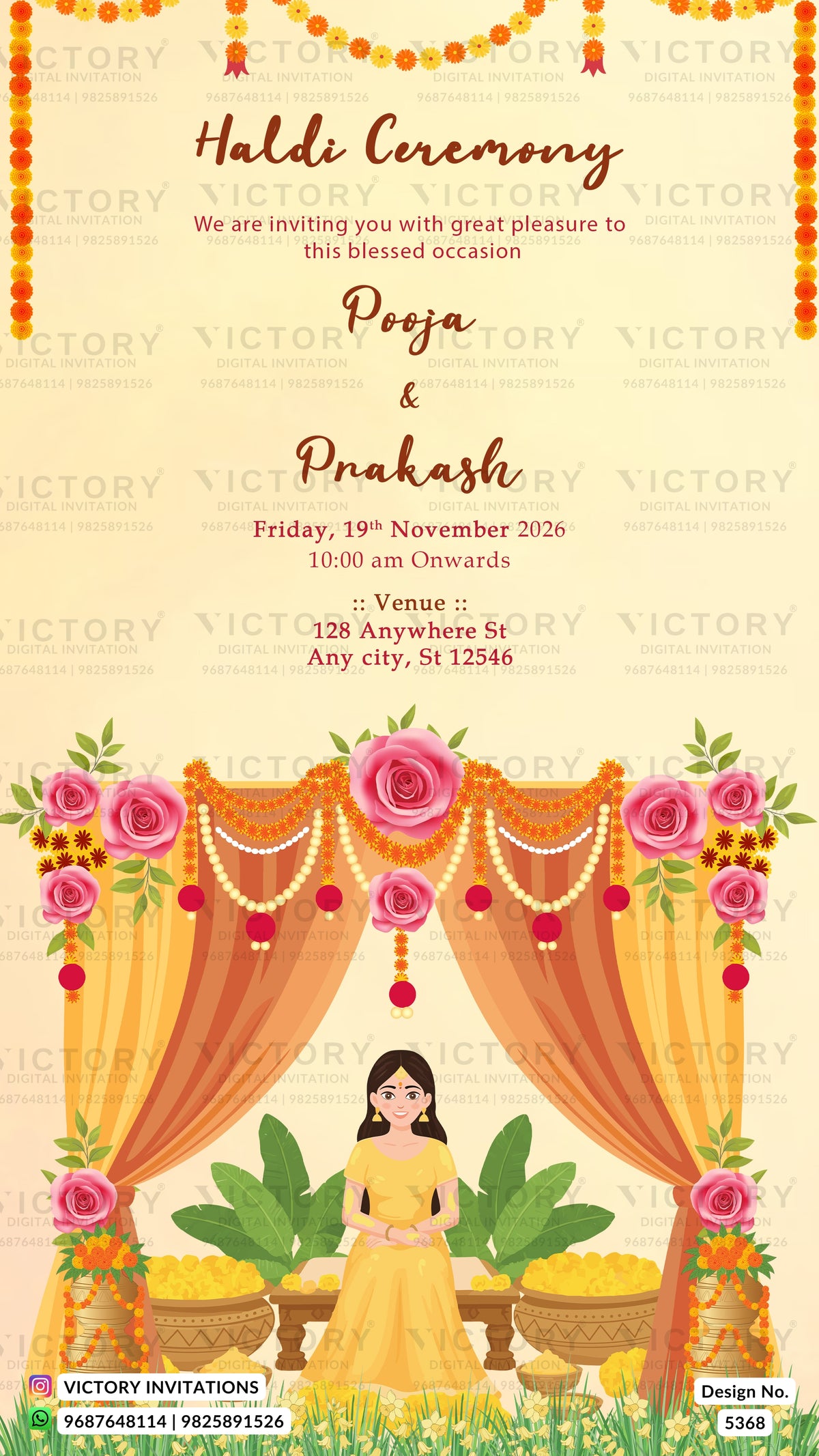 A festive Haldi Ceremony invitation card featuring a cream background, marigold garlands, pink roses, and an illustrated woman in a yellow dress under decorated drapes. Text includes event details for Pooja & Prakash on Friday, 19th November 2026.