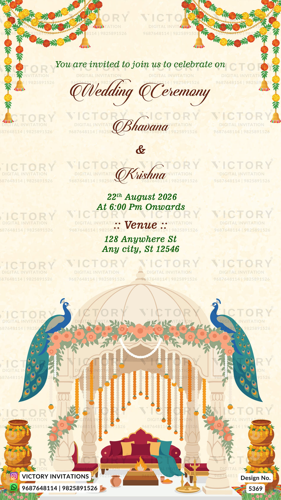 Wedding ceremony invitation card of hindu south indian family in english language with Majestic Royal Peacock Mandap theme design 5369