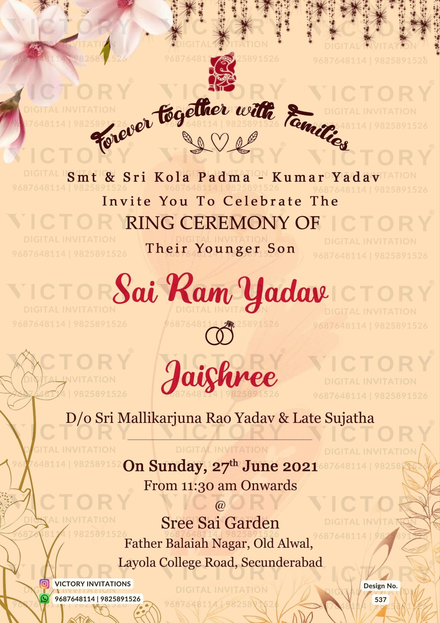 Engagement ceremony invitation card in english language with flowers as minimalistic theme design 537