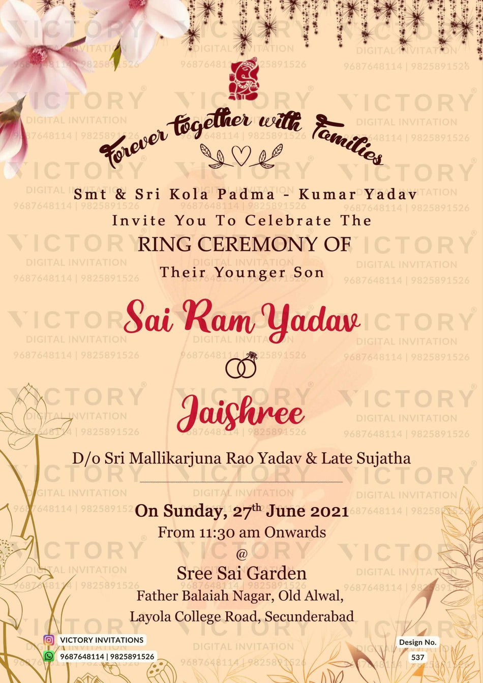 Engagement ceremony invitation card in english language with flowers as minimalistic theme design 537