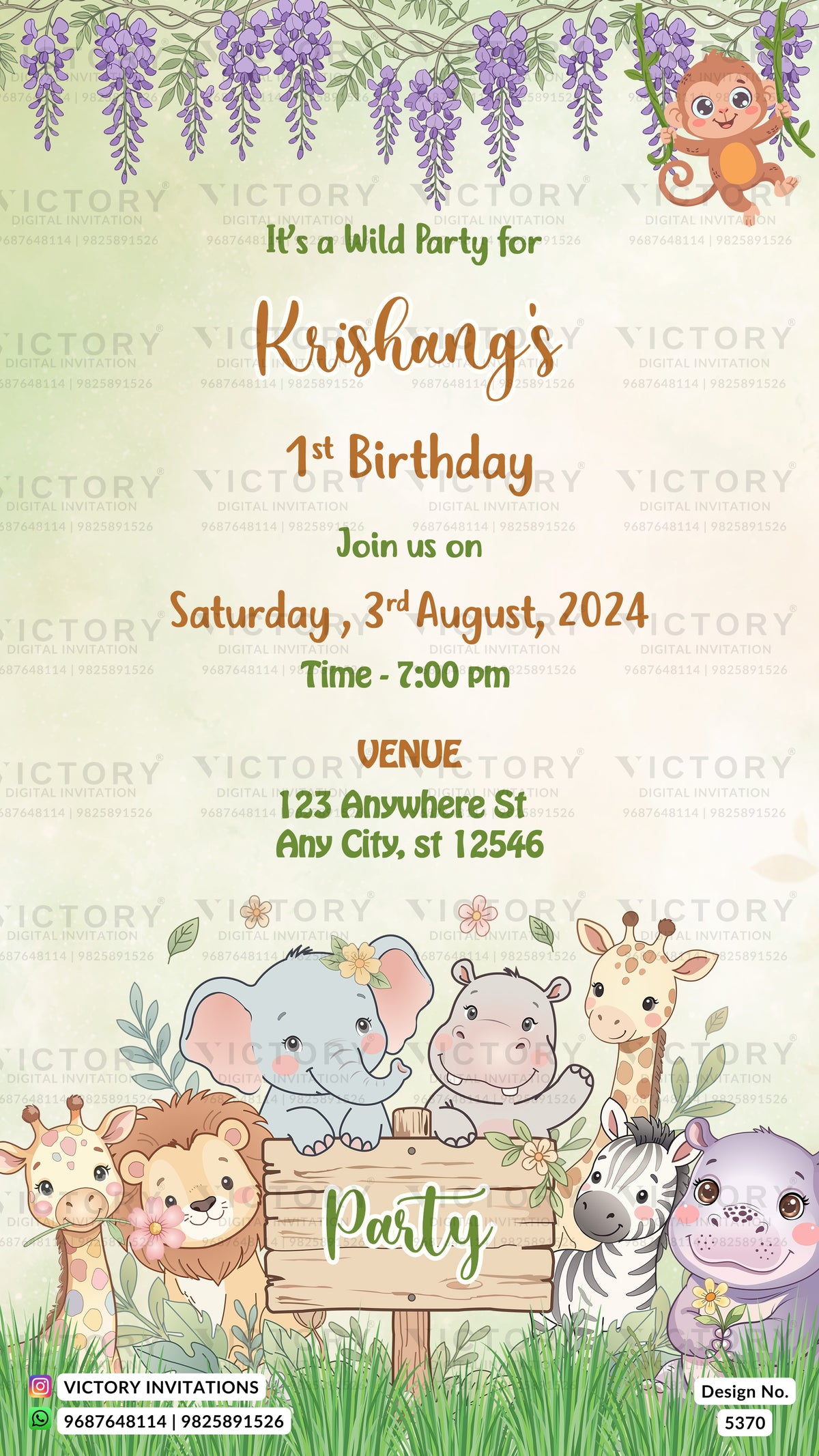 A children's first birthday invitation card featuring cute cartoon animals including a monkey, elephant, hippo, giraffe, lion, zebra, and hippo in a grassy jungle scene with purple wisteria at the top.