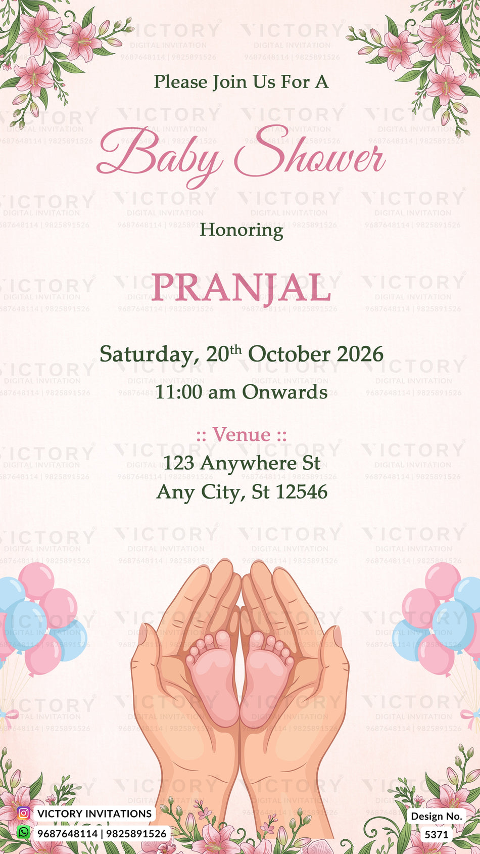 A baby shower invitation card design with pink floral borders, the text 'Please Join Us For A Baby Shower Honoring PRANJAL,' event details, and an illustration of two hands holding pink baby footprints. The card is branded with repeated 'VICTORY' watermarks and 'VICTORY INVITATIONS' at the bottom.
