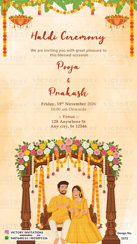 A festive Haldi Ceremony invitation card with a warm beige background, decorated with marigold garlands, hanging lanterns, and an illustrated couple under a floral arch at the bottom. The text reads 'Haldi Ceremony' and includes names 'Pooja & Prakash' along with event details.