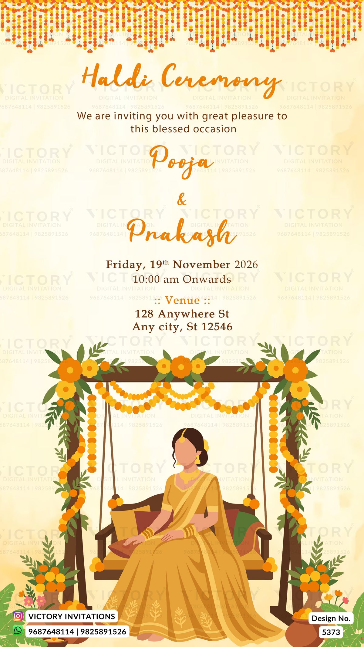 A Haldi Ceremony invitation card featuring a traditional Indian design. The card has a warm cream background with orange text, a decorative orange and yellow haldi border at the top, and an illustration of a woman in a yellow sari sitting on a decorated wooden swing (charpai) with flowers.