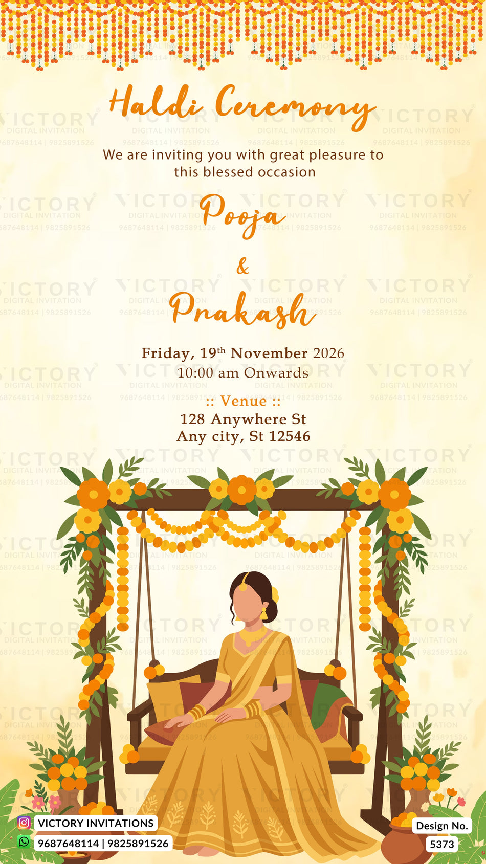 A Haldi Ceremony invitation card featuring a traditional Indian design. The card has a warm cream background with orange text, a decorative orange and yellow haldi border at the top, and an illustration of a woman in a yellow sari sitting on a decorated wooden swing (charpai) with flowers.