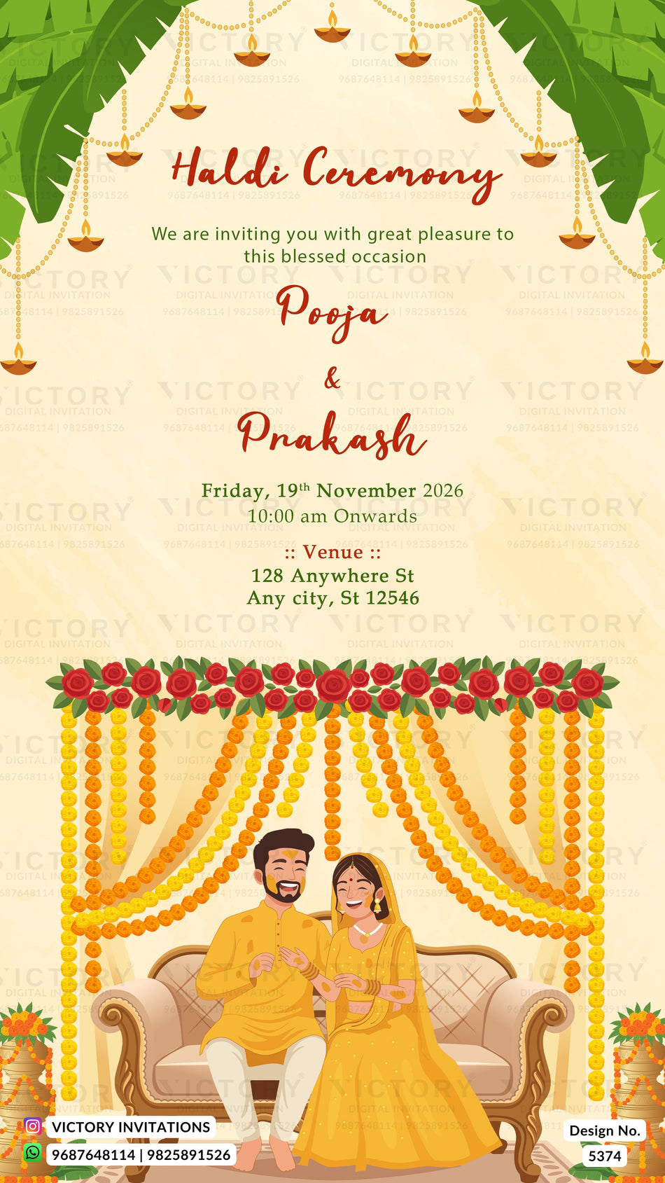 A Haldi Ceremony invitation card featuring a cream-colored background with red and black text, decorated with illustrations of hanging brass lamps, marigold garlands, and a cartoon couple in traditional Indian clothing seated on a sofa.