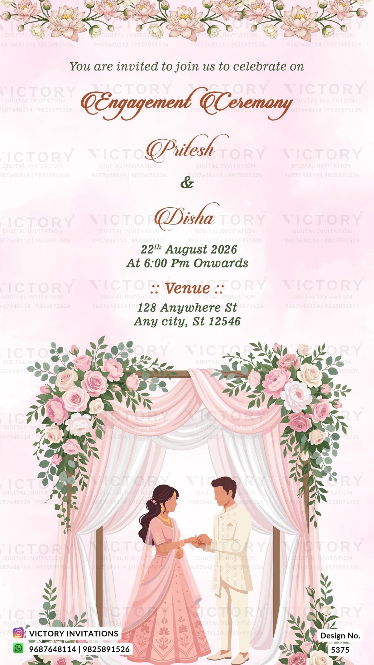 Engagement ceremony invitation card featuring a pink and white floral arch illustration with a couple holding hands, alongside event details in elegant typography.