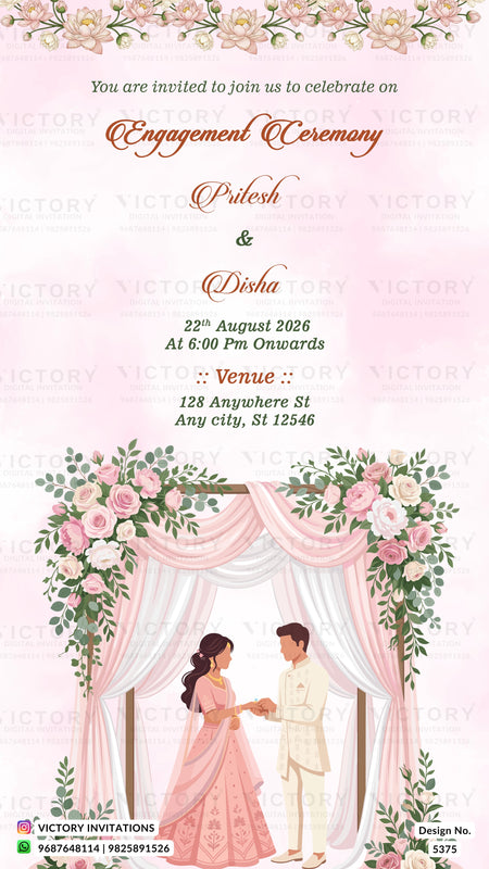 Engagement ceremony invitation card featuring a pink and white floral arch illustration with a couple holding hands, alongside event details in elegant typography.