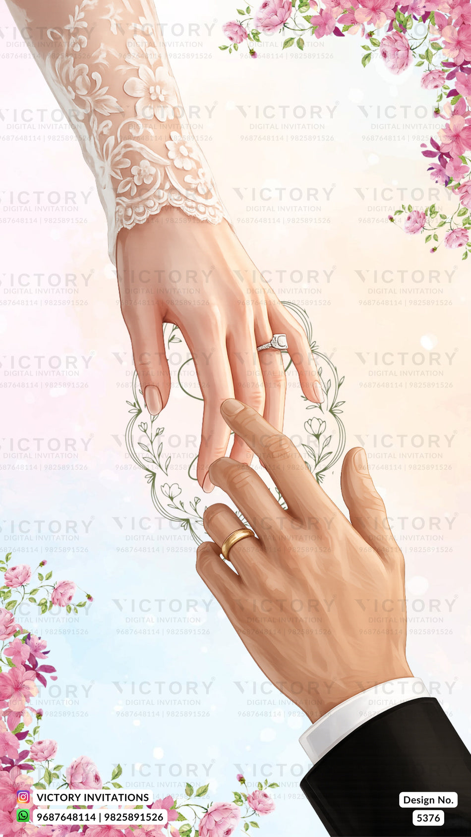 Engagement ceremony invitation card in english language with  Hands, Flowers and Hot Air Balloons theme design 5376