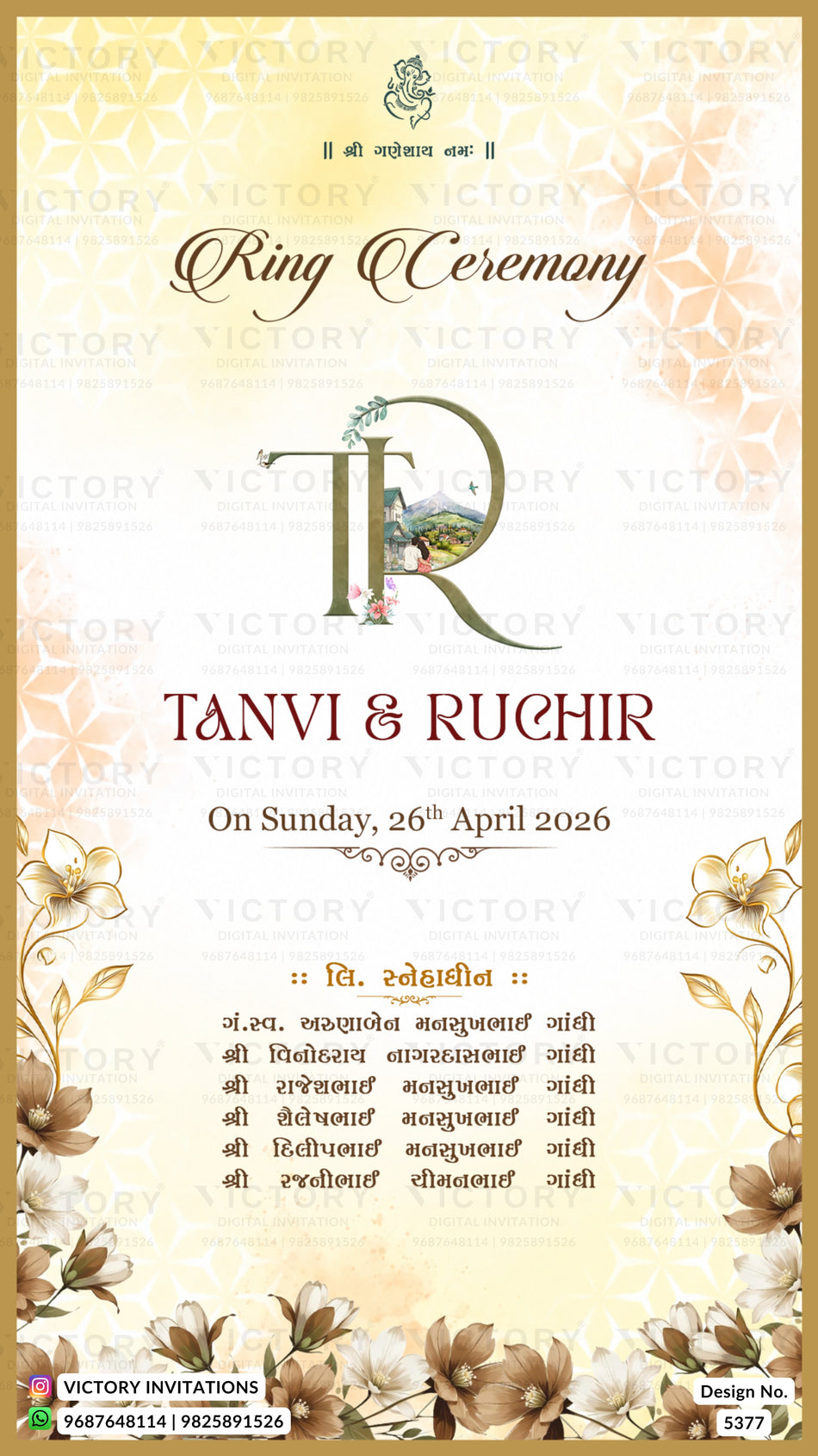 Engagement ceremony invitation card in Gujarati language with Royal Palace & Proposal theme design 5377