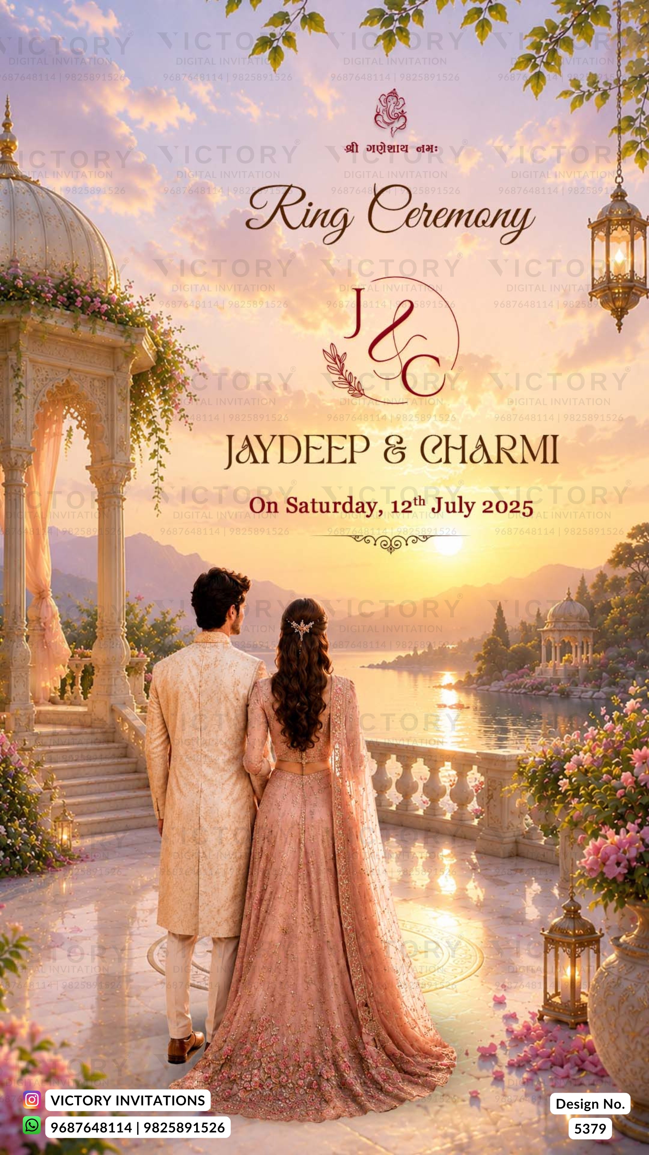 A digital invitation card for a Ring Ceremony of Jaydeep & Charmi, dated Saturday, 12th July 2025. The design features a romantic scene of a couple in traditional Indian attire standing on a balcony overlooking a lake at sunset.