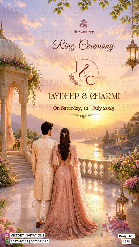 A digital invitation card for a Ring Ceremony of Jaydeep & Charmi, dated Saturday, 12th July 2025. The design features a romantic scene of a couple in traditional Indian attire standing on a balcony overlooking a lake at sunset.