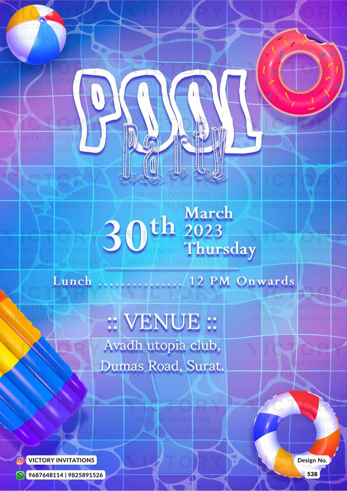 Pool Party invitation card in english language with swimming tube, ball as elegant theme design 538
