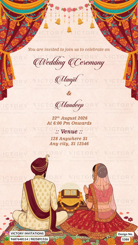 A digital preview of a traditional Indian wedding invitation card featuring a cream-colored background with elegant typography, decorated with colorful traditional curtains at the top and an illustration of a bride and groom sitting together at the bottom.