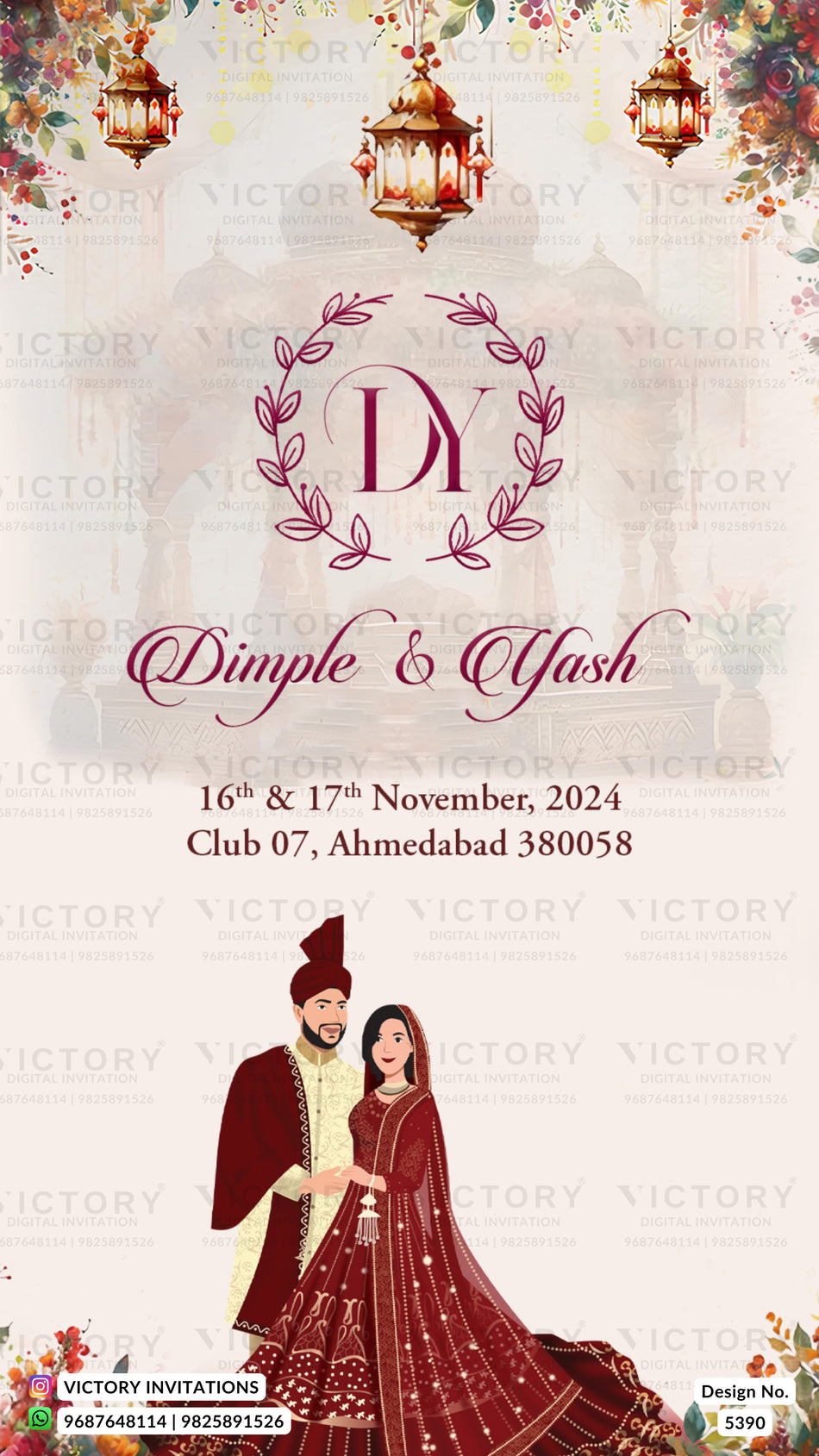 Key card design for wedding ceremony in english language with couple caricature and lanterns theme design 5390