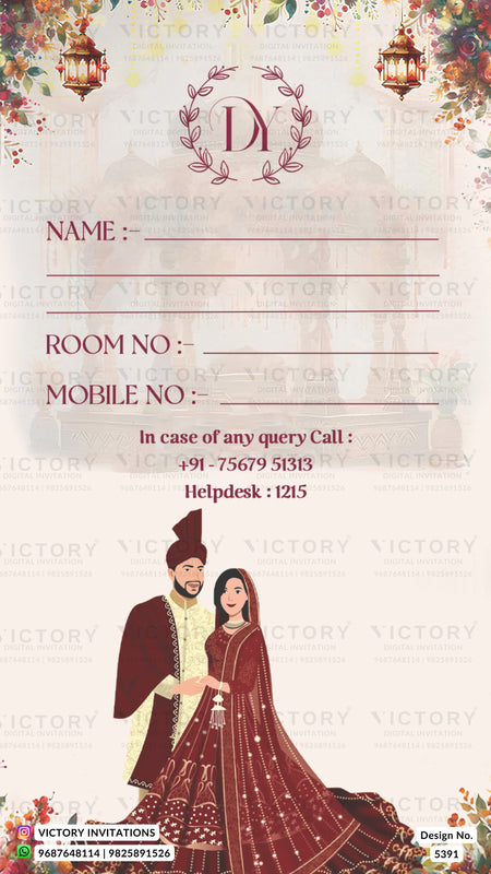 A wedding invitation card design with a cream background, floral corner decorations, hanging lanterns, a monogram logo at the top, contact details in the center, and an illustration of a bride and groom in traditional South Asian attire at the bottom. The card is watermarked with the text 'VICTORY INVITATIONS' and includes a small 'Design No: 5391' label.