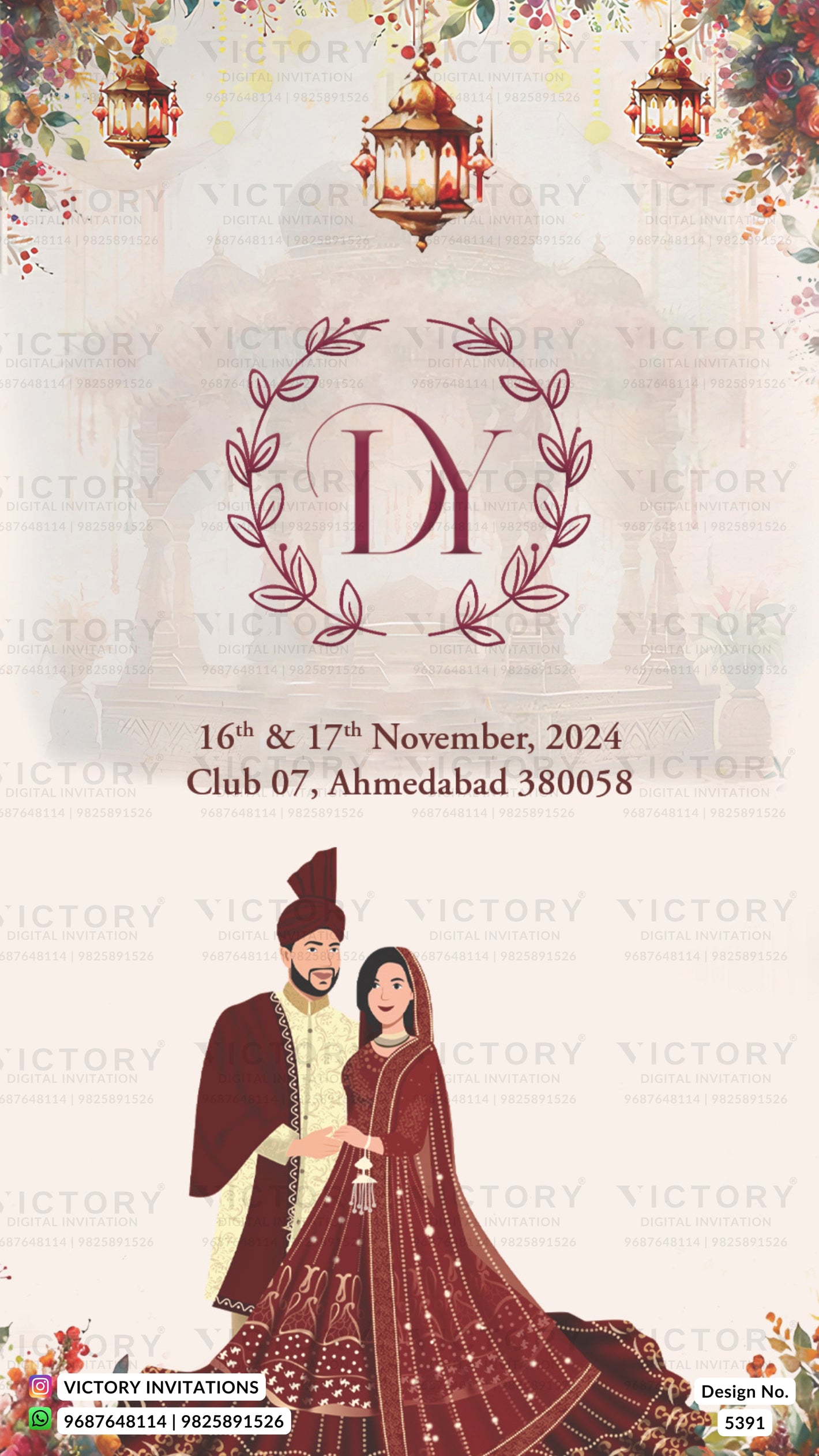 A digital invitation card design for a wedding, featuring a central monogram 'DY' inside a leaf wreath, event details in Urdu and English, and an illustration of a bride and groom in traditional Indian attire at the bottom. The background depicts a faint Taj Mahal with hanging lanterns and floral borders.