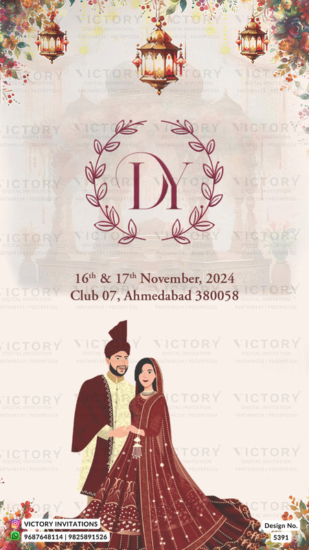 A digital invitation card design for a wedding, featuring a central monogram 'DY' inside a leaf wreath, event details in Urdu and English, and an illustration of a bride and groom in traditional Indian attire at the bottom. The background depicts a faint Taj Mahal with hanging lanterns and floral borders.