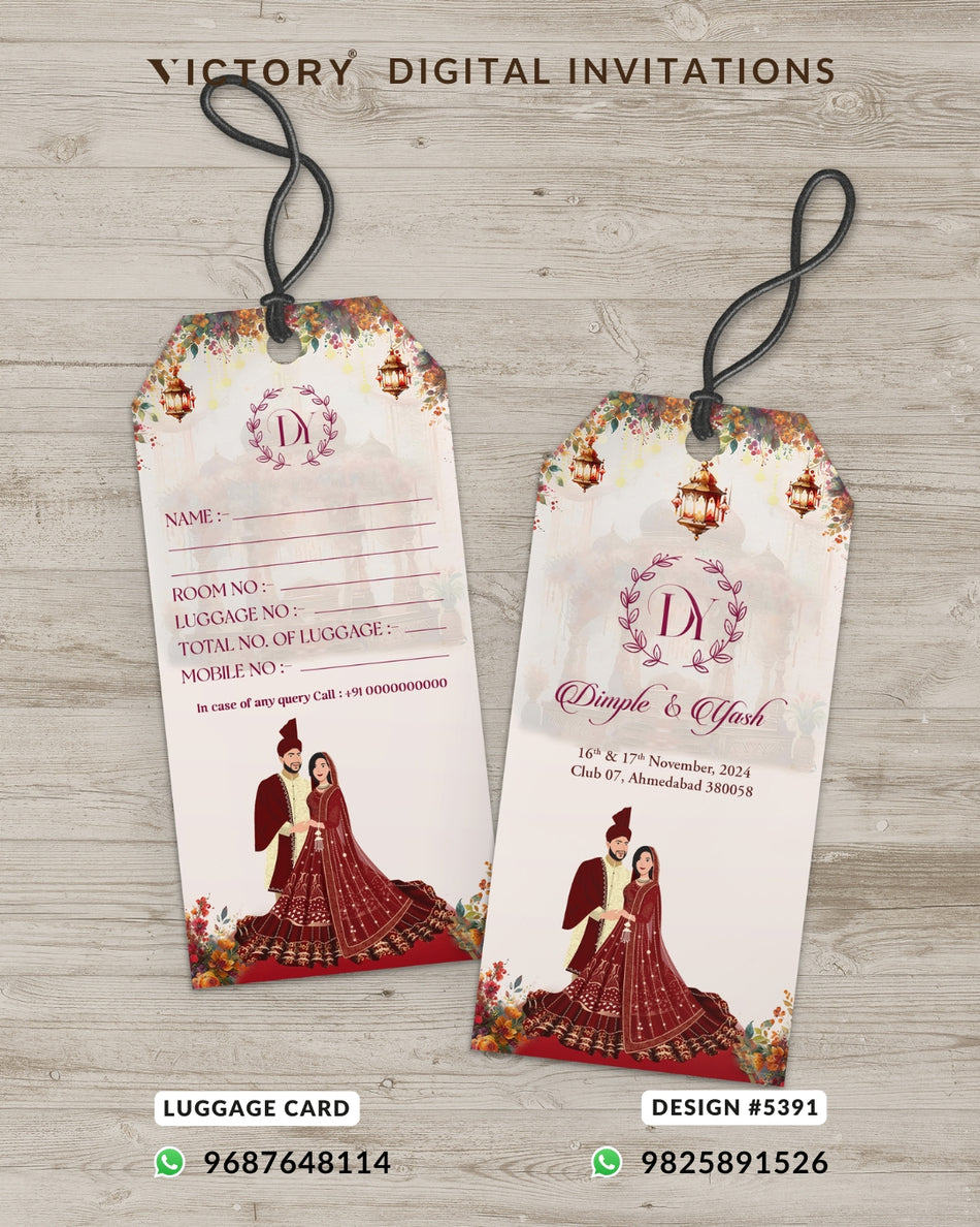 Luggage tag design for wedding ceremony in english language with couple doodle, floral theme design 5391