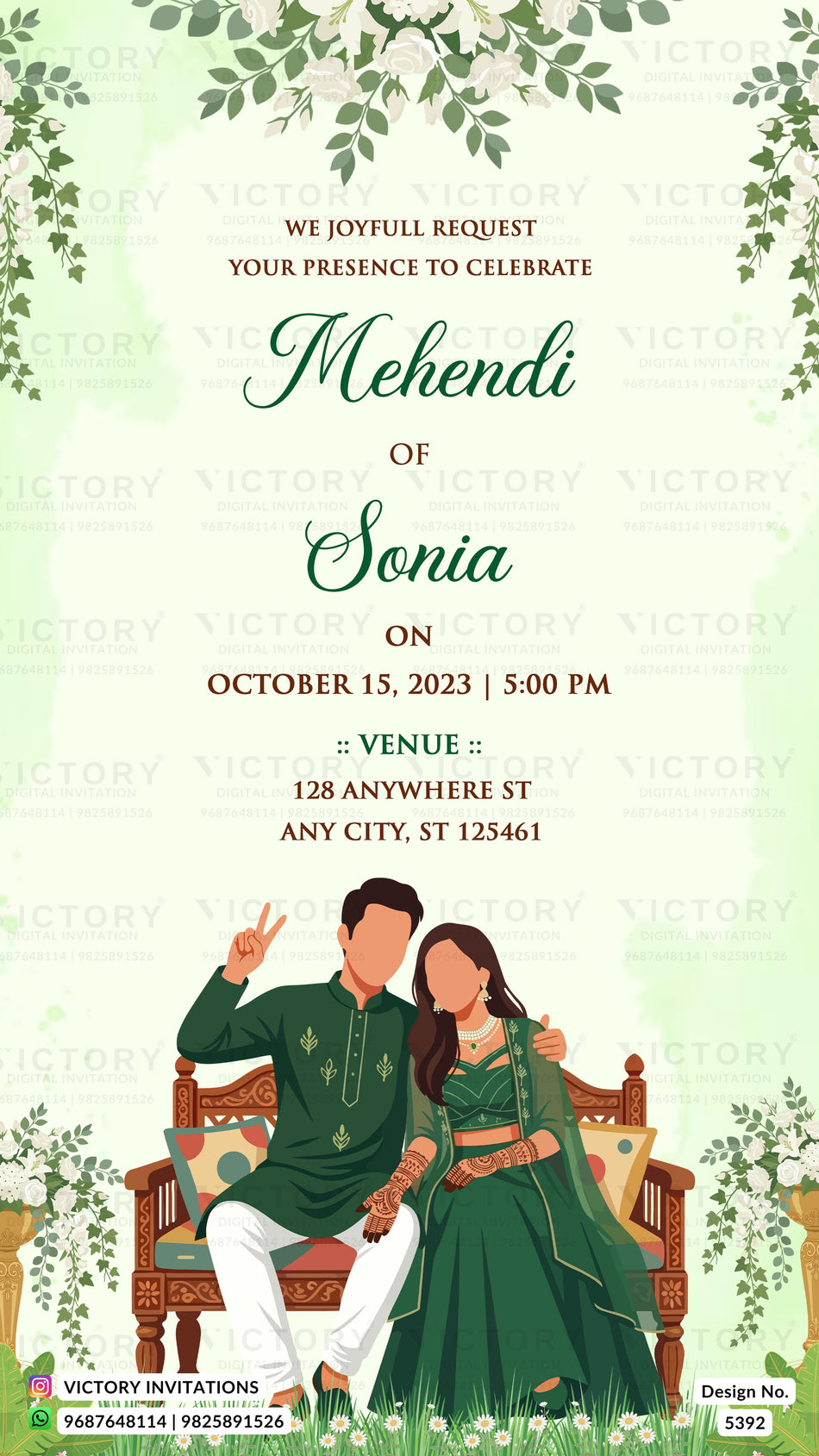 Mehendi ceremony invitation card in english language with couple doodle and floral theme design 5392