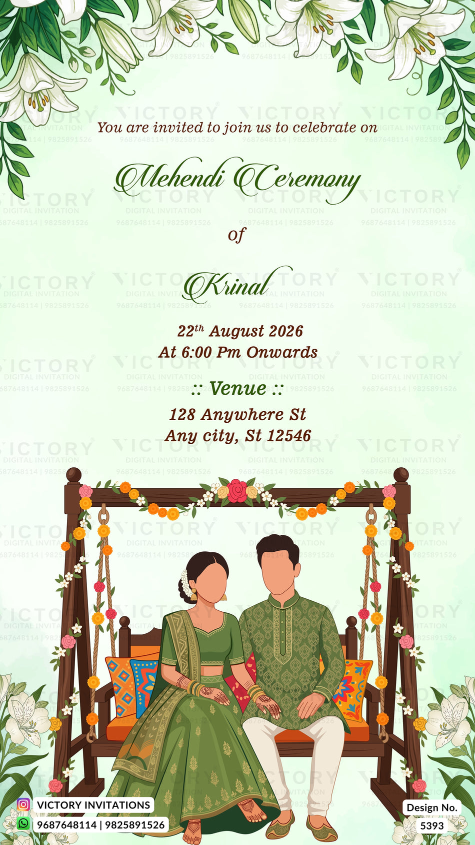 Mehendi ceremony invitation card in english language with couple on swing and floral theme design 5393
