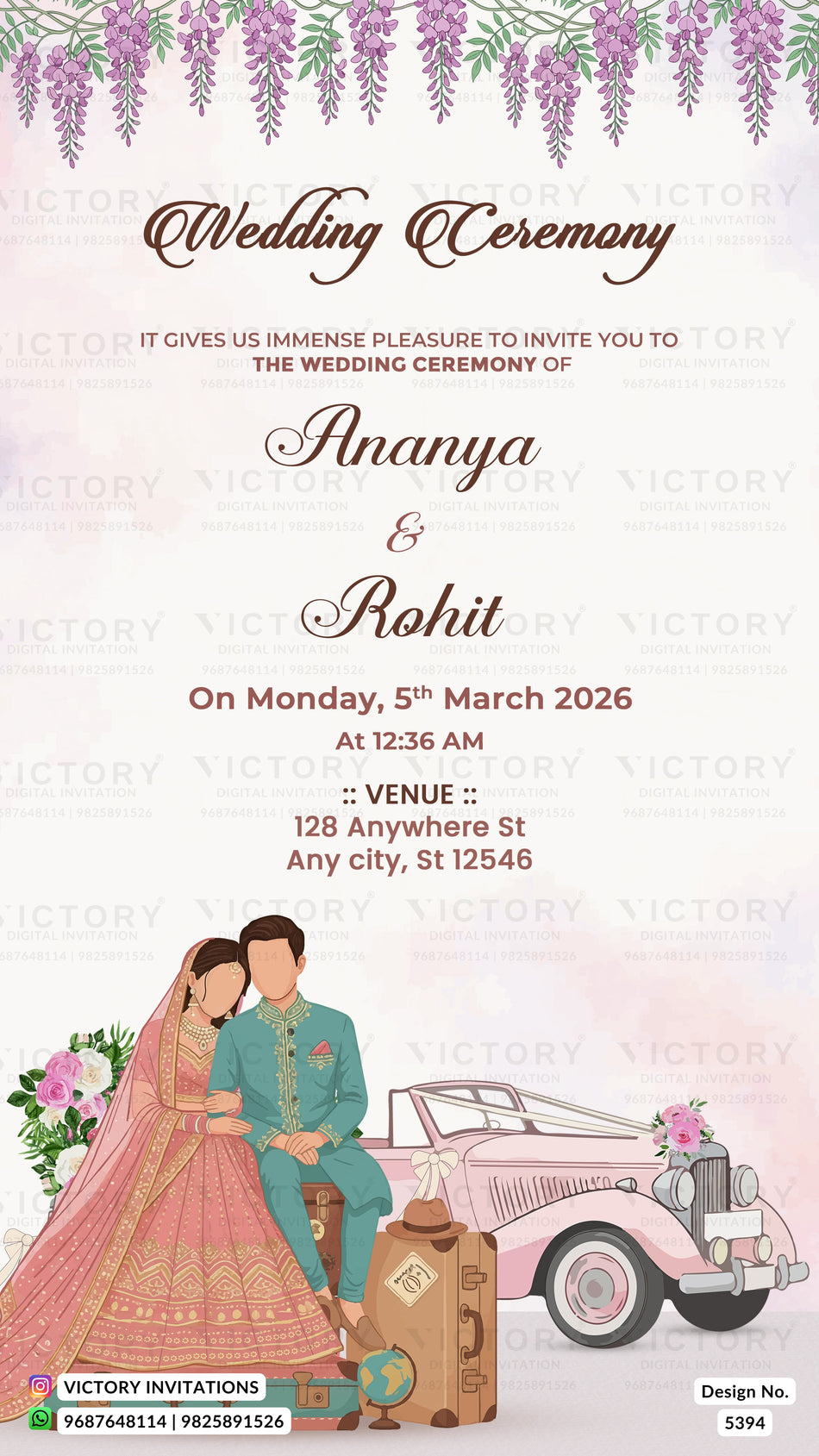 Wedding ceremony invitation card of hindu indian family in english language with couple doodle and vintage car theme design 5394