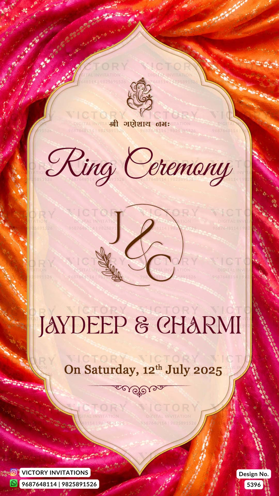Engagement ceremony invitation card in english language with bandhani dupatta theme design 5396